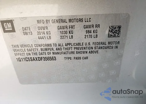 2013 Chevrolet Malibu 1Lt z USA, uszkodzony, nr VIN 1G11C5SAXDF356563